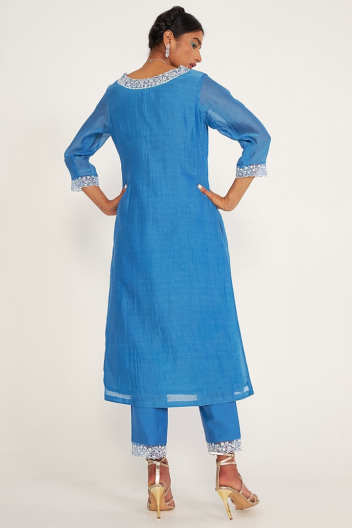 Blue Chanderi Embroidered Kurta Set by ASAGA at Pernia's Pop Up Shop