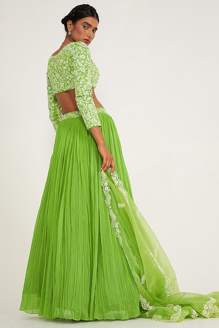 Parrot Green Georgette Embroidered Wedding Lehenga Set by ASAGA at Pernia's Pop Up Shop