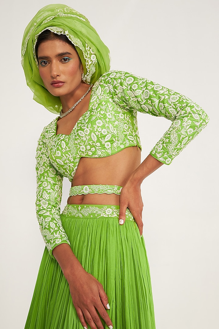 Parrot Green Georgette Embroidered Wedding Lehenga Set by ASAGA at Pernia's Pop Up Shop