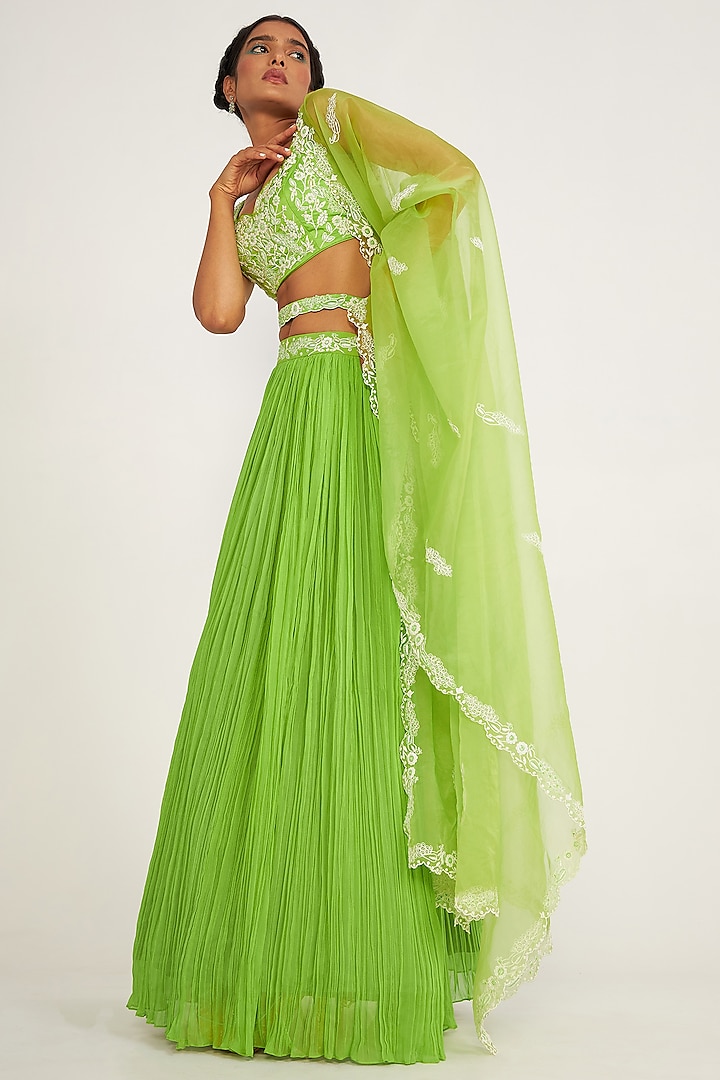 Parrot Green Georgette Embroidered Lehenga Set by ASAGA