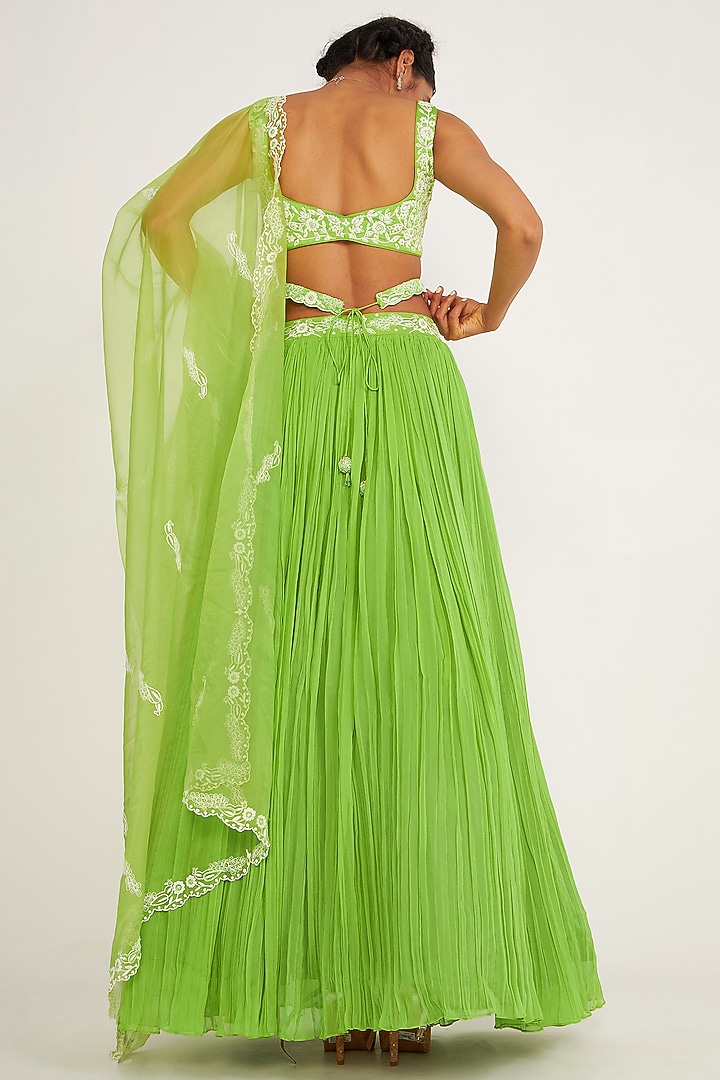 Parrot Green Georgette Embroidered Wedding Lehenga Set by ASAGA at Pernia's Pop Up Shop