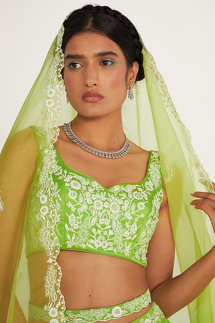 Parrot Green Georgette Embroidered Wedding Lehenga Set by ASAGA at Pernia's Pop Up Shop