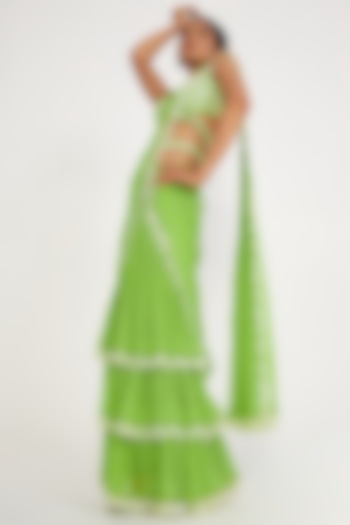 Parrot Green Georgette Embroidered Tiered Saree Set by ASAGA