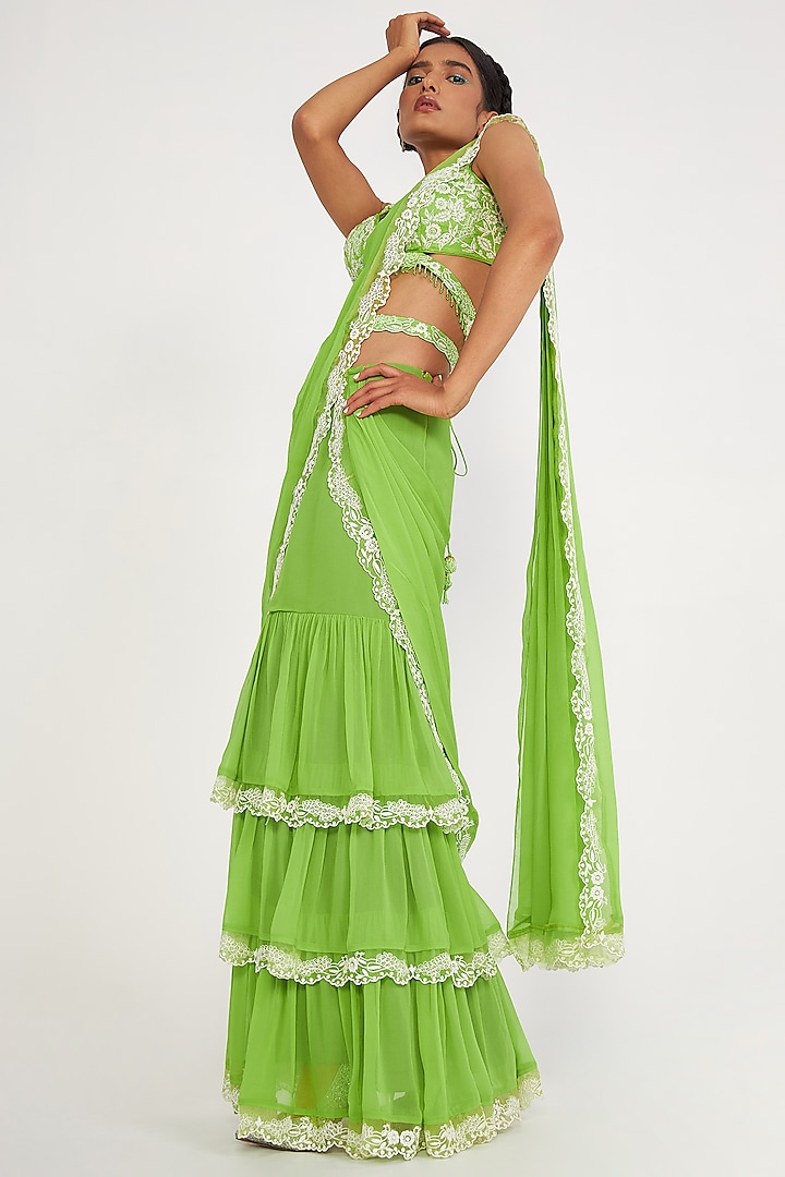 Parrot Green Georgette Embroidered Tiered Saree Set by ASAGA