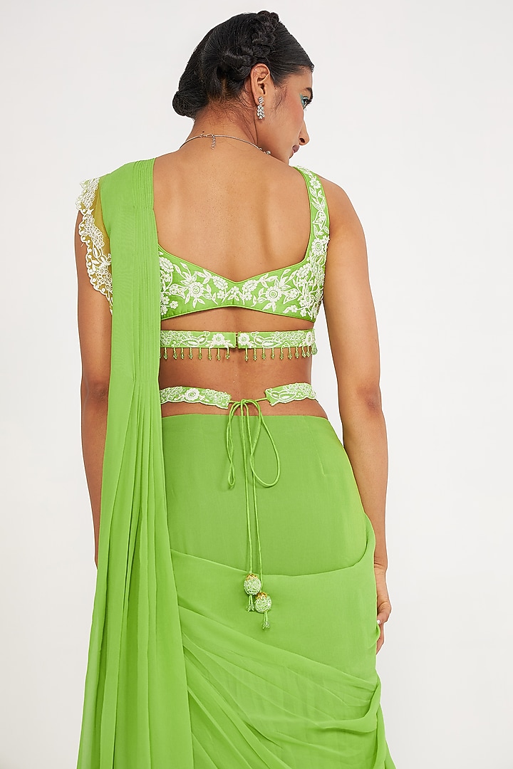 Parrot Green Georgette Embroidered Tiered Wedding Saree Set by ASAGA at Pernia's Pop Up Shop
