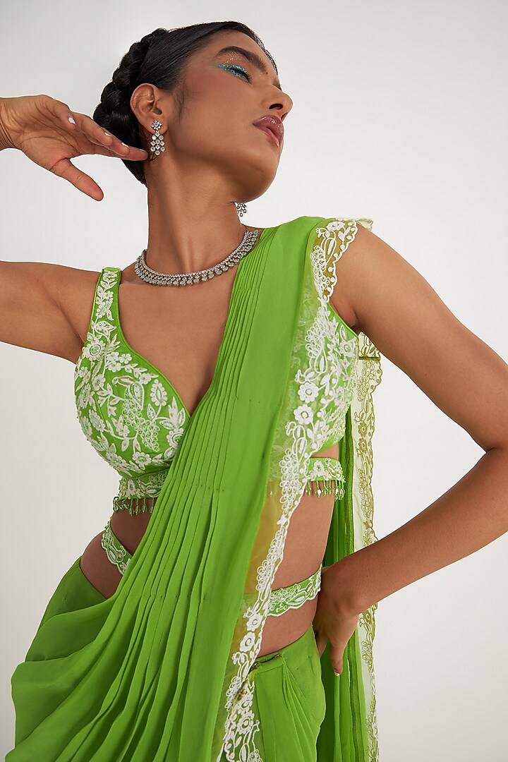 Parrot Green Georgette Embroidered Tiered Wedding Saree Set by ASAGA at Pernia's Pop Up Shop