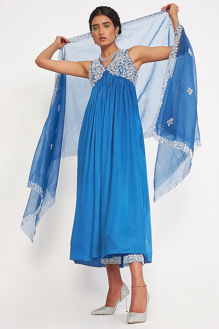Blue Silk Embroidered Anarkali Set by ASAGA