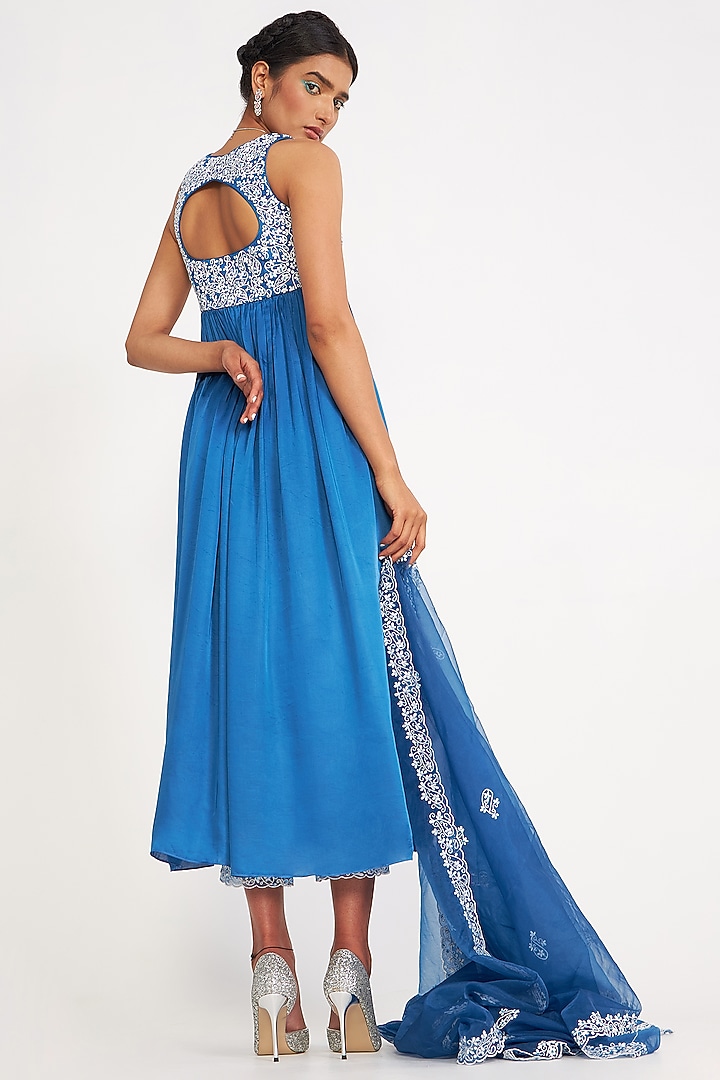 Blue Silk Embroidered Wedding Anarkali Set by ASAGA at Pernia's Pop Up Shop