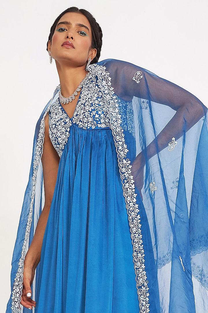 Blue Silk Embroidered Wedding Anarkali Set by ASAGA at Pernia's Pop Up Shop