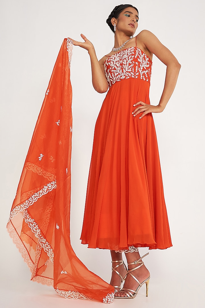 Orange Silk Embroidered Anarkali Set by ASAGA