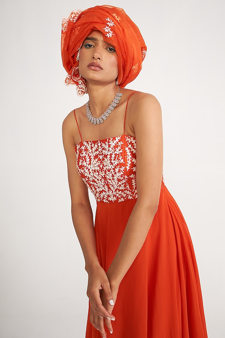 Orange Silk Embroidered Wedding Anarkali Set by ASAGA at Pernia's Pop Up Shop
