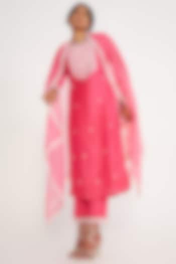 Candy Pink Chanderi Silk Embroidered Kurta Set by ASAGA