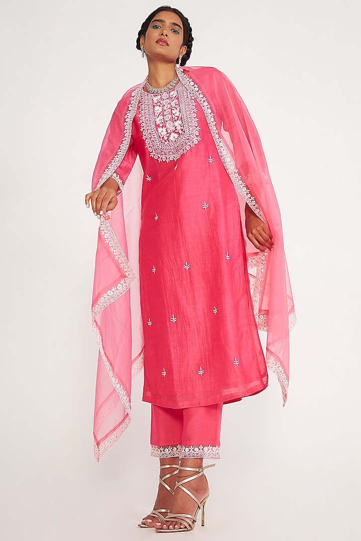 Candy Pink Chanderi Silk Embroidered Kurta Set by ASAGA