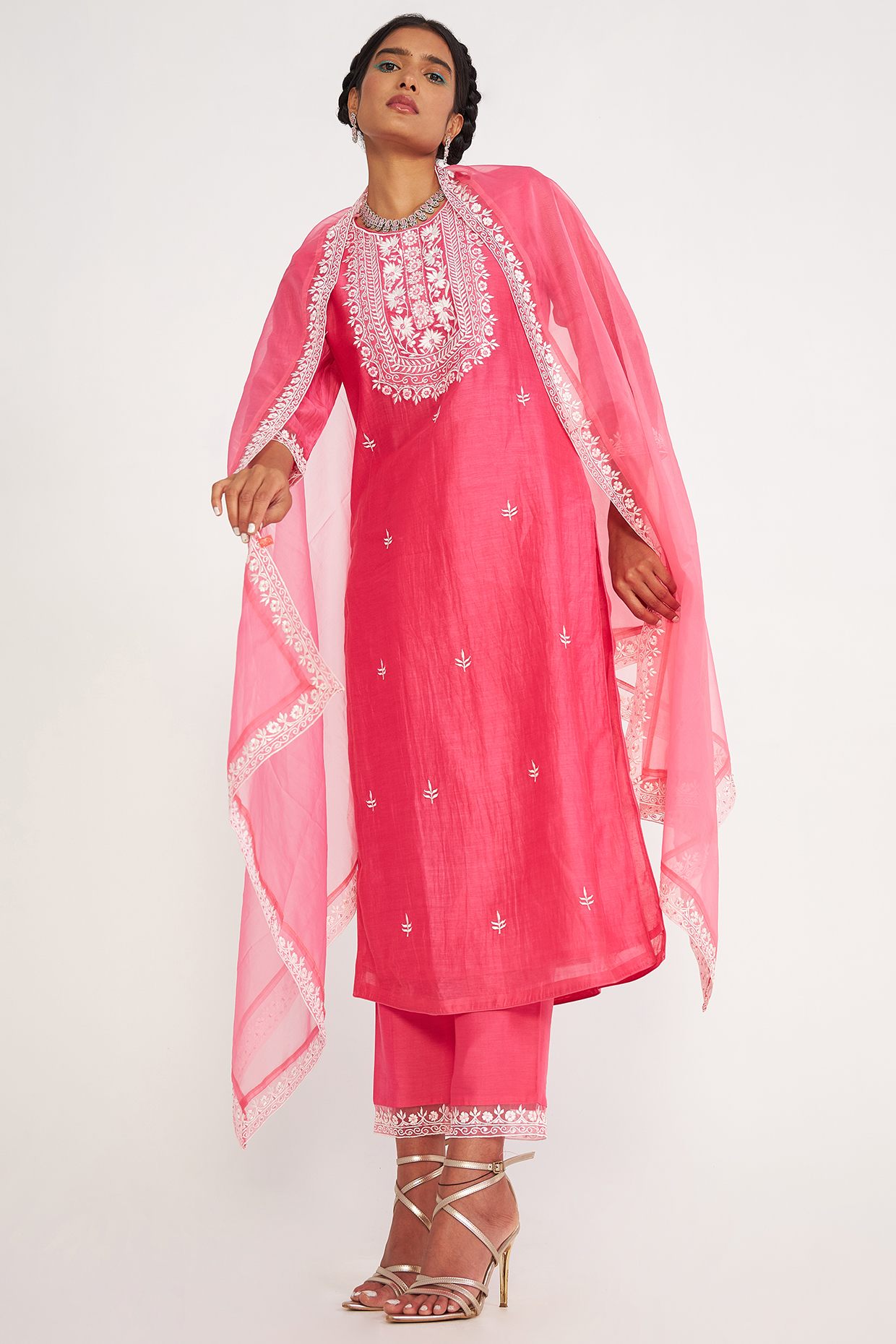 Candy Pink Chanderi Silk Embroidered Kurta Set by ASAGA