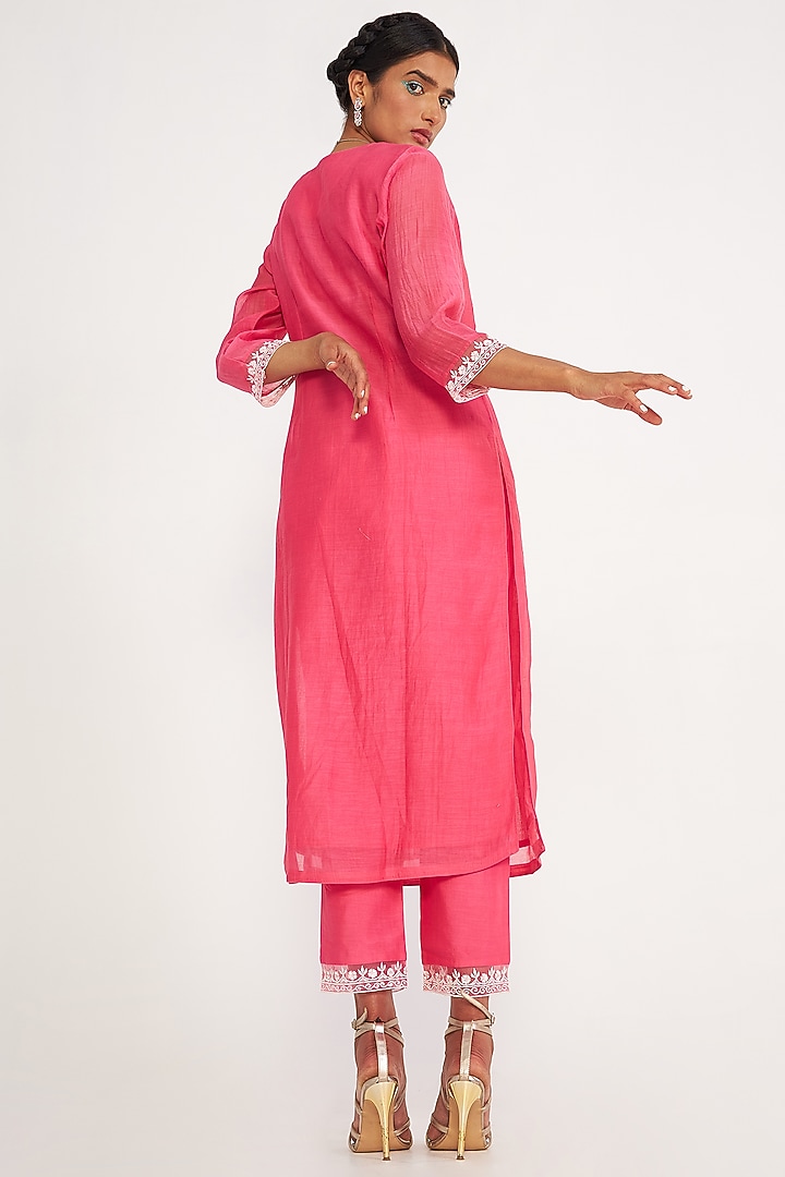 Candy Pink Chanderi Silk Embroidered Kurta Set by ASAGA at Pernia's Pop Up Shop