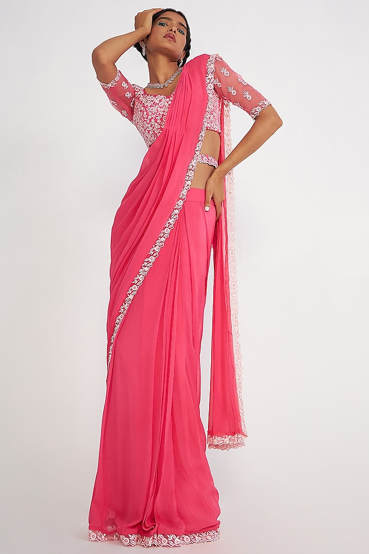 Candy Pink Muslin & Chanderi Embroidered Pre-Draped Saree Set by ASAGA