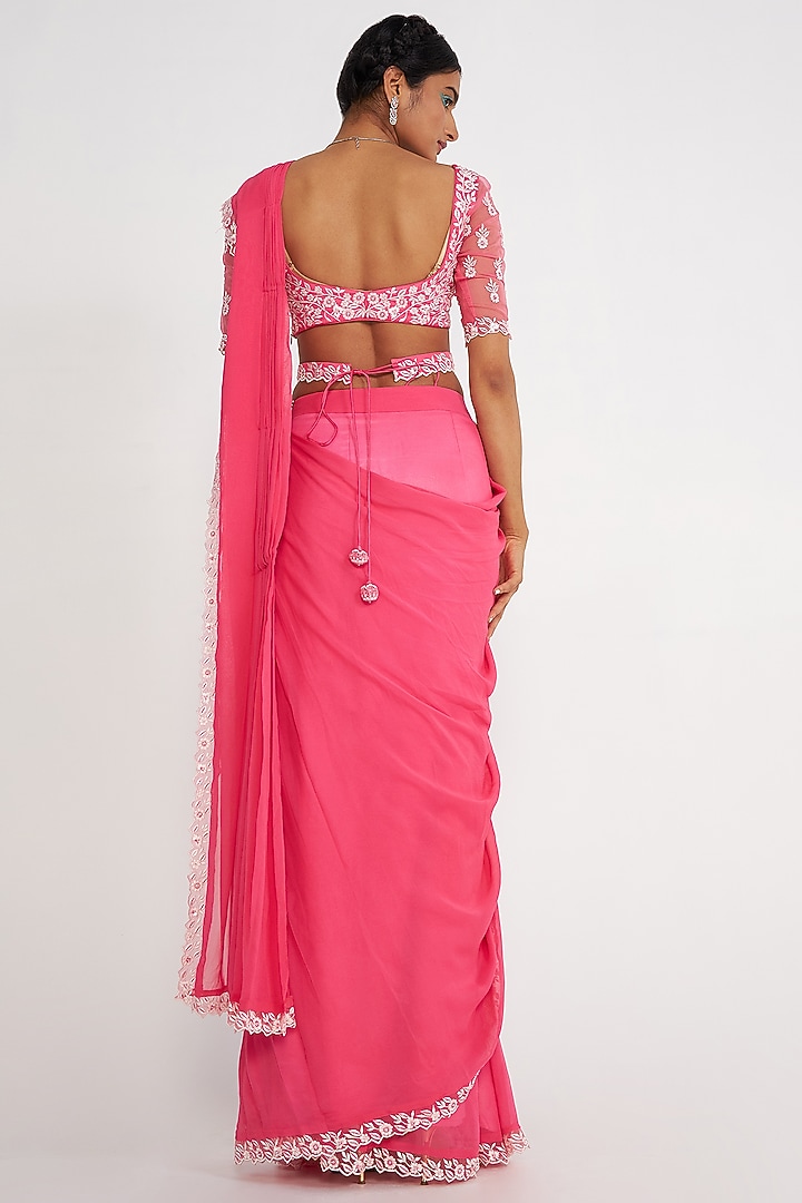 Candy Pink Muslin & Chanderi Embroidered Pre-Draped Wedding Saree Set by ASAGA at Pernia's Pop Up Shop