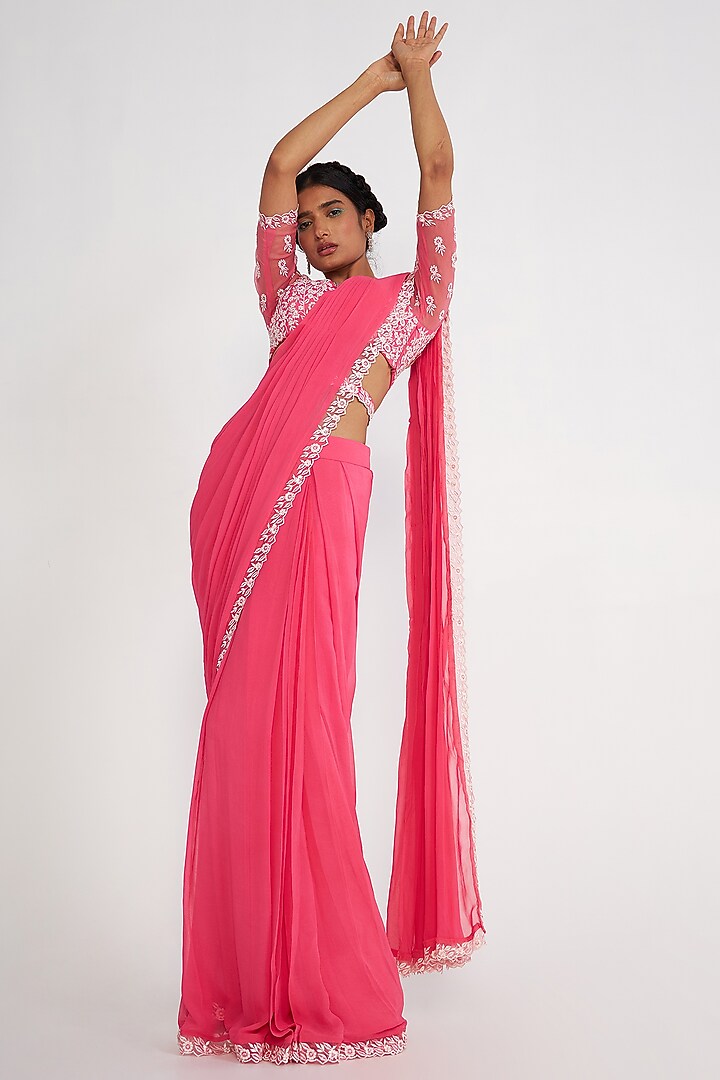 Candy Pink Muslin & Chanderi Embroidered Pre-Draped Wedding Saree Set by ASAGA at Pernia's Pop Up Shop