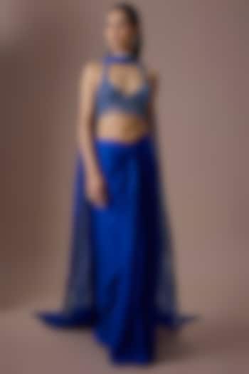 Electric Blue Satin Tulle Draped Skirt Set by ASAGA at Pernia's Pop Up Shop