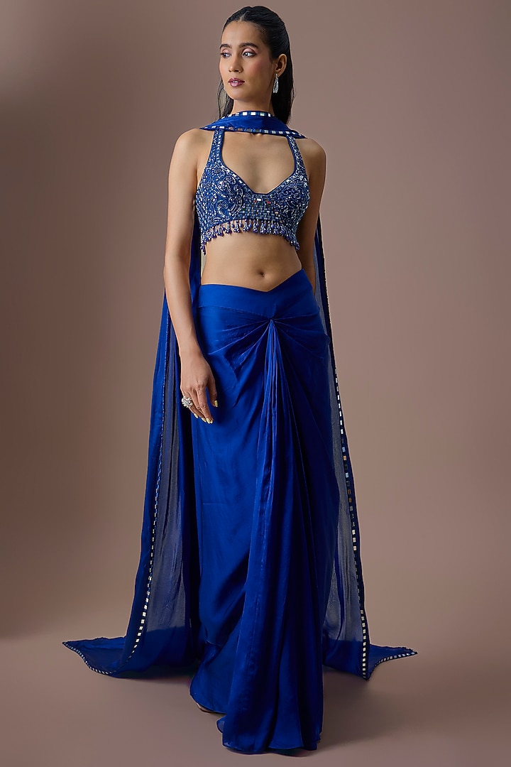 Electric Blue Satin Tulle Draped Skirt Set by ASAGA at Pernia's Pop Up Shop
