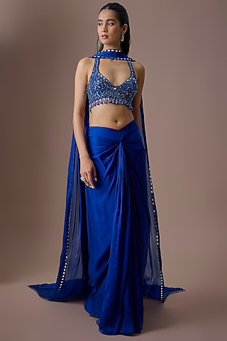 Electric Blue Satin Tulle Draped Skirt Set by ASAGA