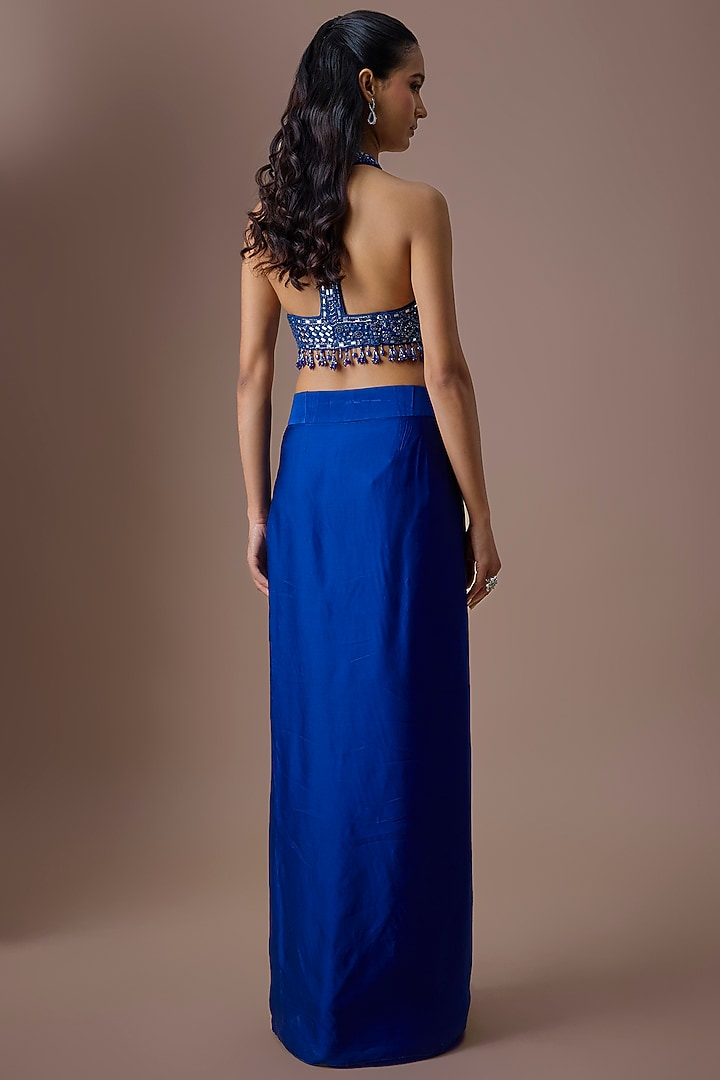 Electric Blue Satin Tulle Draped Skirt Set by ASAGA at Pernia's Pop Up Shop