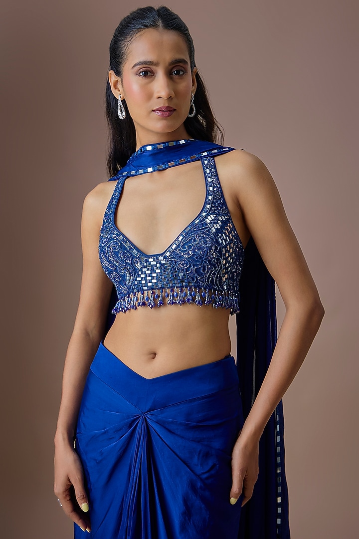 Electric Blue Satin Tulle Draped Skirt Set by ASAGA at Pernia's Pop Up Shop