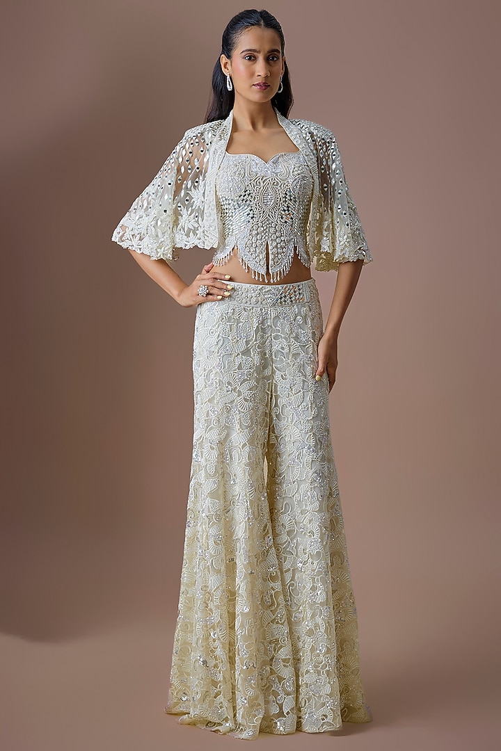 Ivory Tulle Embroidered Bridal Sharara Set by ASAGA at Pernia's Pop Up Shop