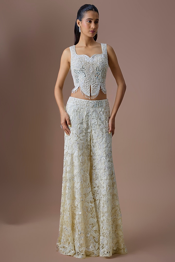 Ivory Tulle Embroidered Bridal Sharara Set by ASAGA at Pernia's Pop Up Shop