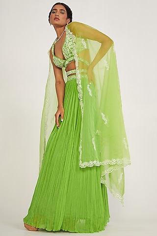 Parrot Green Georgette Lehenga Set by ASAGA