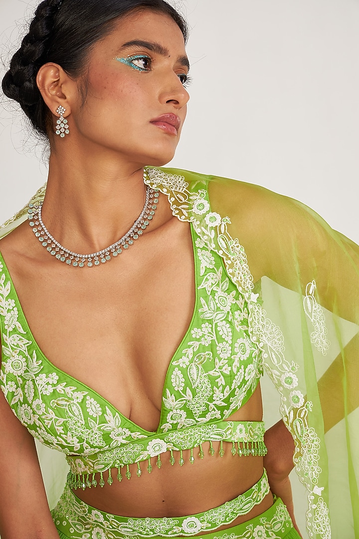 Parrot Green Georgette Wedding Lehenga Set by ASAGA at Pernia's Pop Up Shop