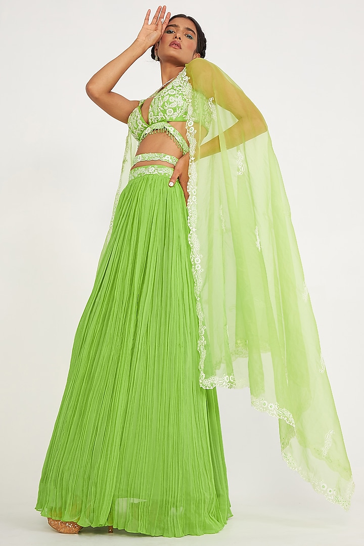 Parrot Green Georgette Wedding Lehenga Set by ASAGA at Pernia's Pop Up Shop