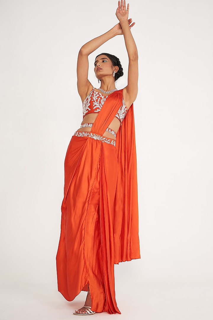 Orange Cotton Satin Pre-Draped Saree Set by ASAGA