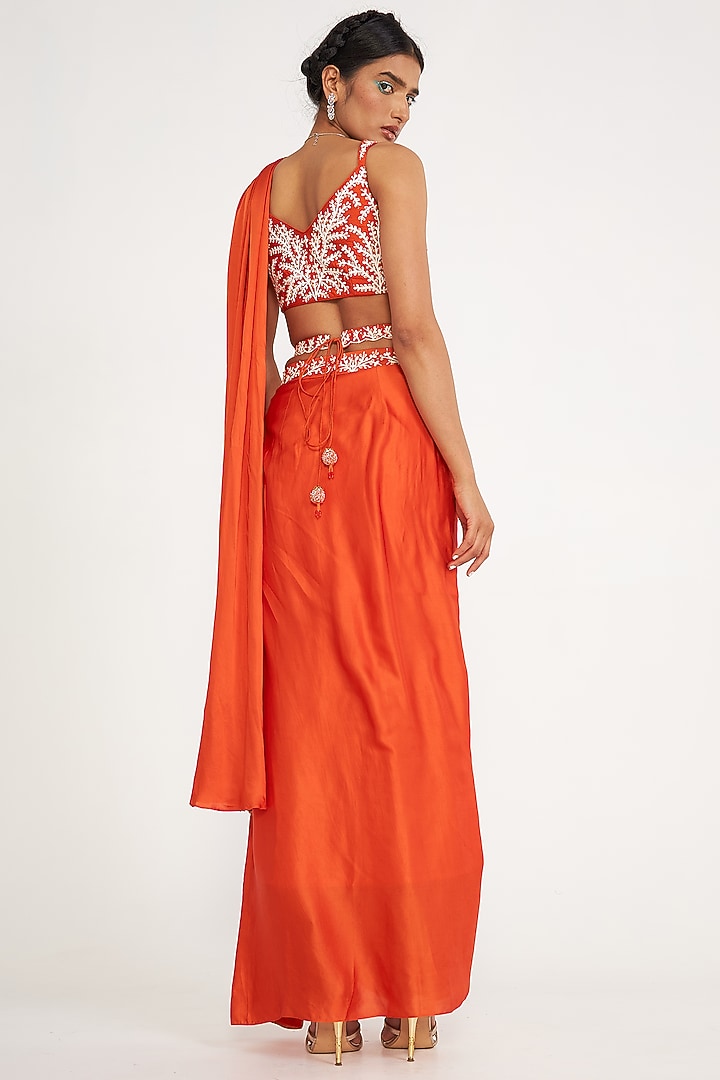 Orange Cotton Satin Pre-Draped Wedding Saree Set by ASAGA at Pernia's Pop Up Shop