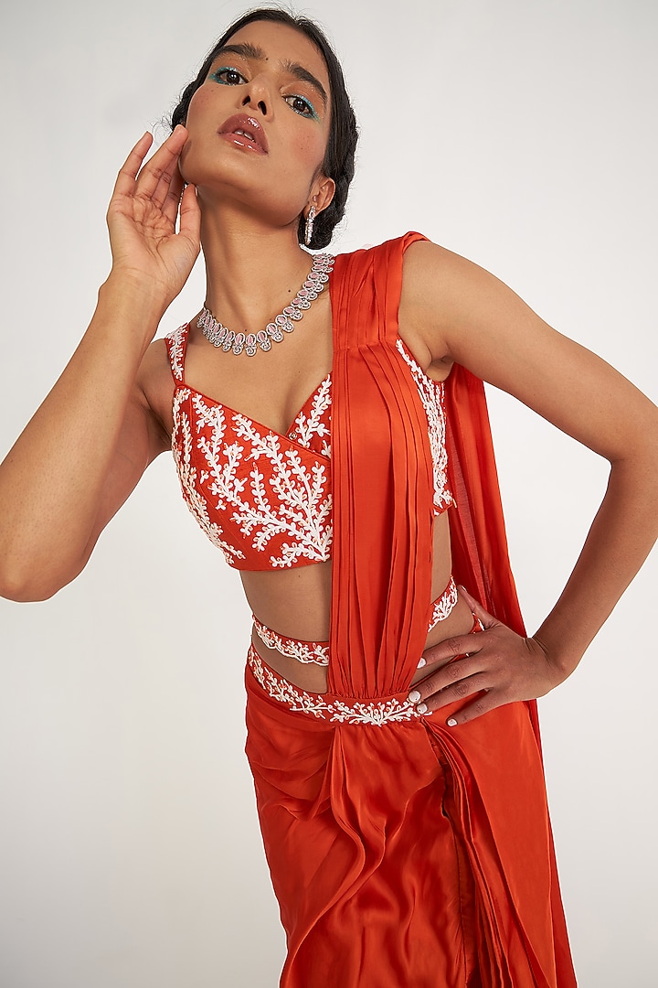 Orange Cotton Satin Pre-Draped Wedding Saree Set by ASAGA at Pernia's Pop Up Shop