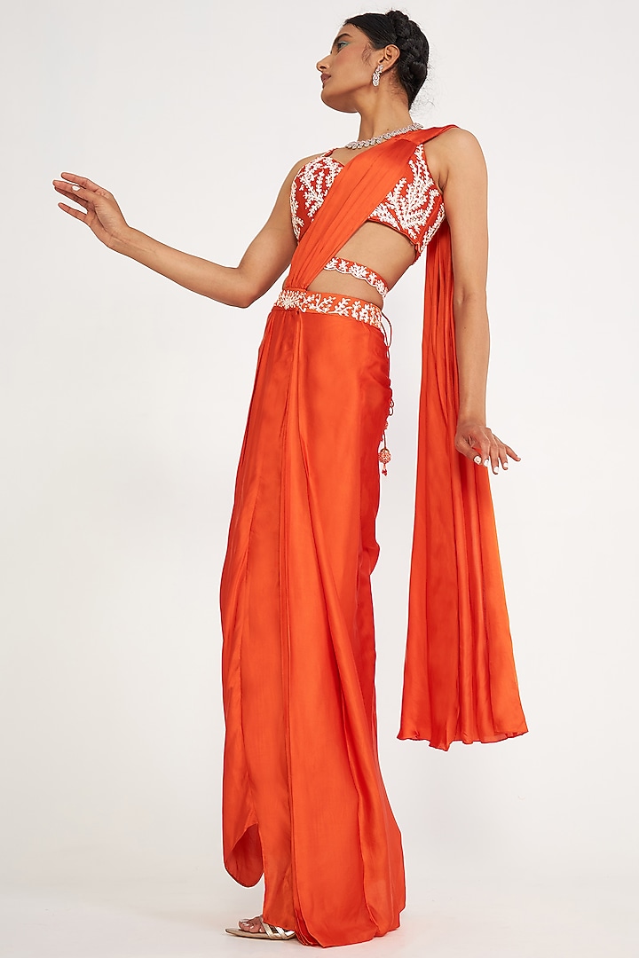 Orange Cotton Satin Pre-Draped Wedding Saree Set by ASAGA at Pernia's Pop Up Shop