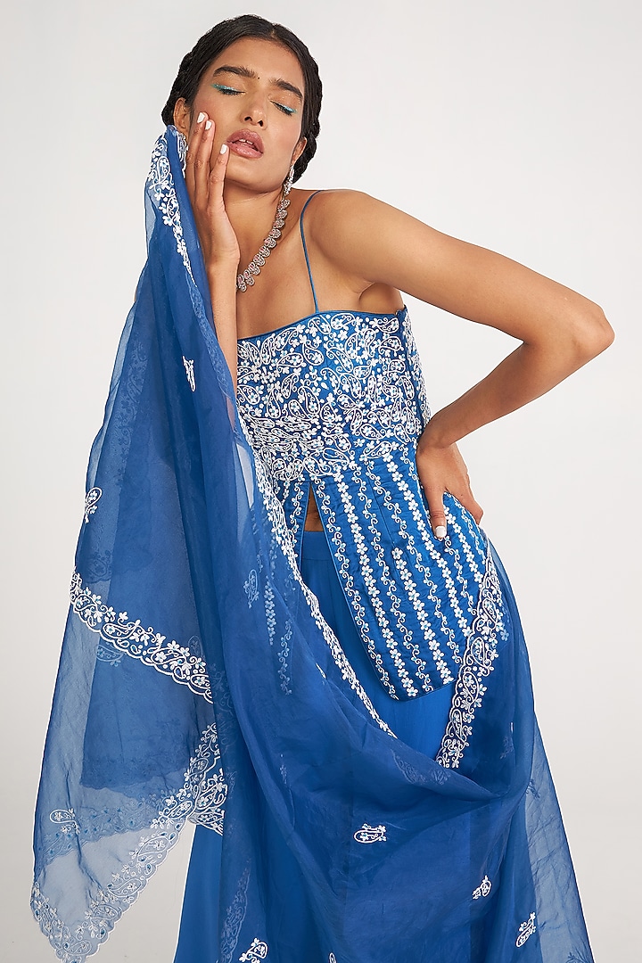 Blue Georgette Wedding Sharara Set by ASAGA at Pernia's Pop Up Shop