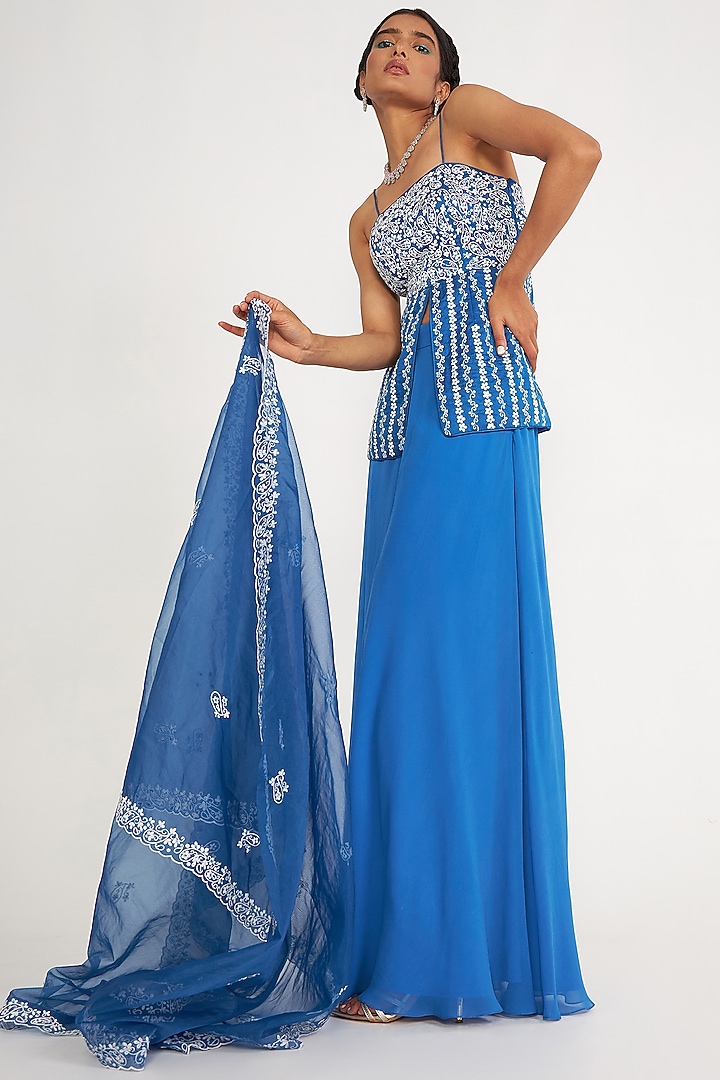 Blue Georgette Wedding Sharara Set by ASAGA at Pernia's Pop Up Shop