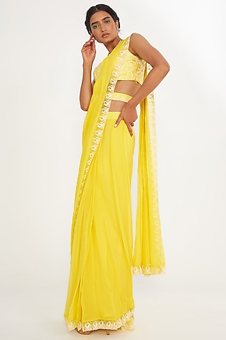Lemon Georgette Pre-Draped Saree Set by ASAGA