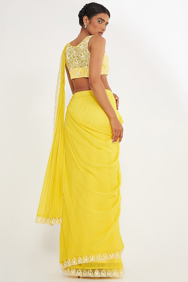 Lemon Georgette Pre-Draped Wedding Saree Set by ASAGA at Pernia's Pop Up Shop