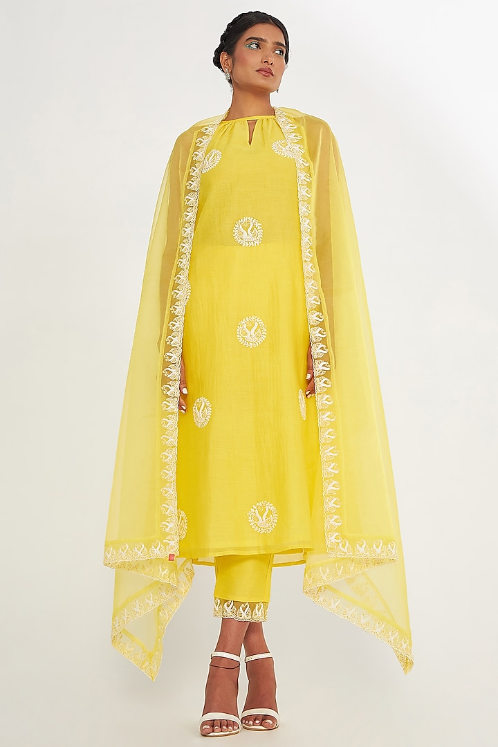 Yellow Silk Embroidered Kurta Set by ASAGA