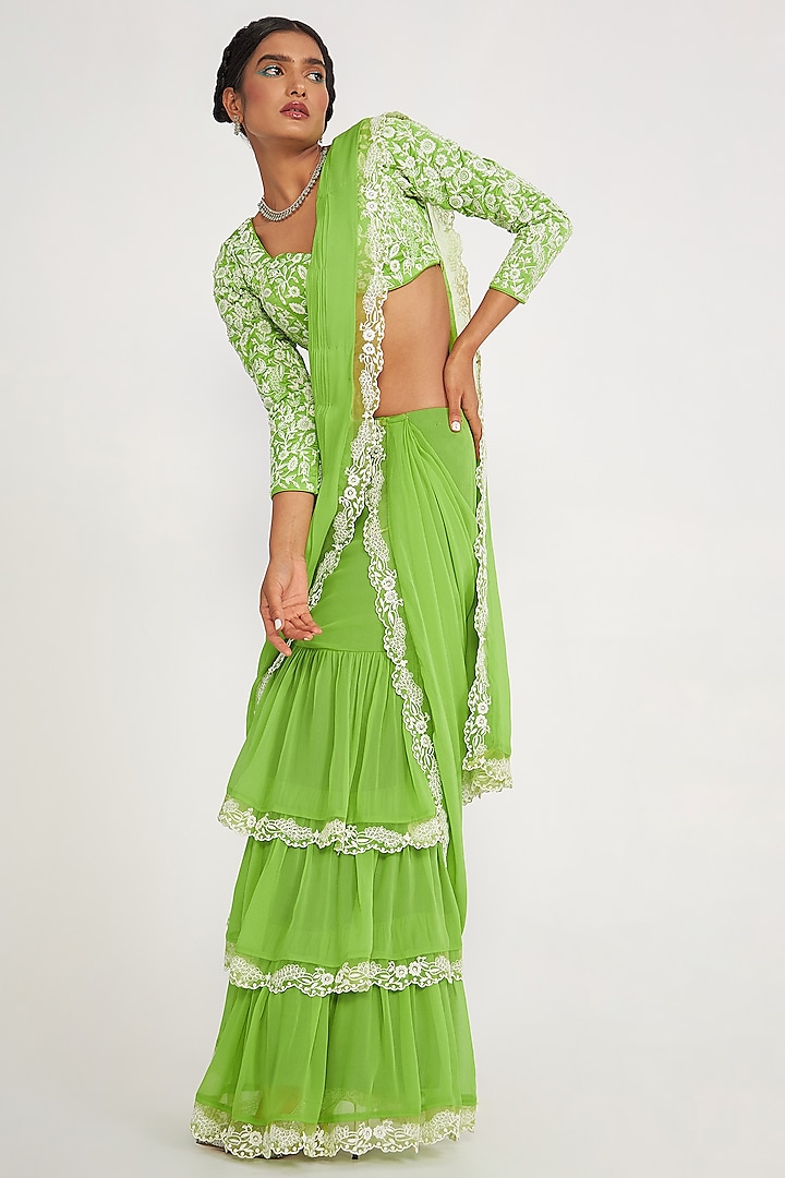 Parrot Green Georgette Tiered Saree Set by ASAGA