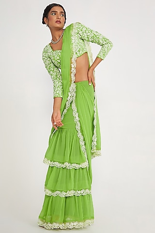 Parrot Green Georgette Embroidered Tiered Saree Set by ASAGA