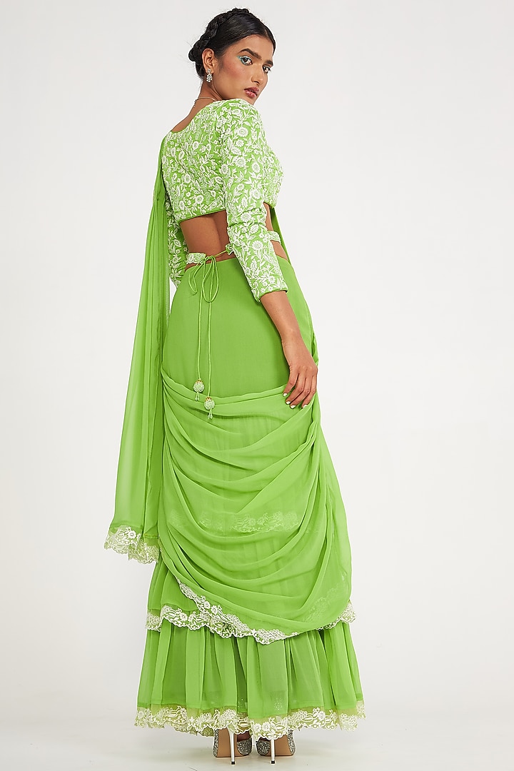 Parrot Green Georgette Embroidered Tiered Wedding Saree Set by ASAGA at Pernia's Pop Up Shop