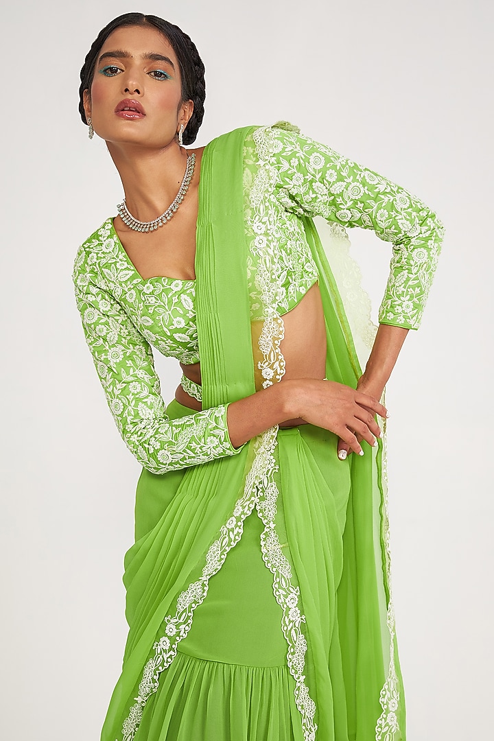 Parrot Green Georgette Embroidered Tiered Wedding Saree Set by ASAGA at Pernia's Pop Up Shop