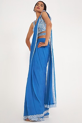 Blue Georgette Pre-Draped Saree Set by ASAGA