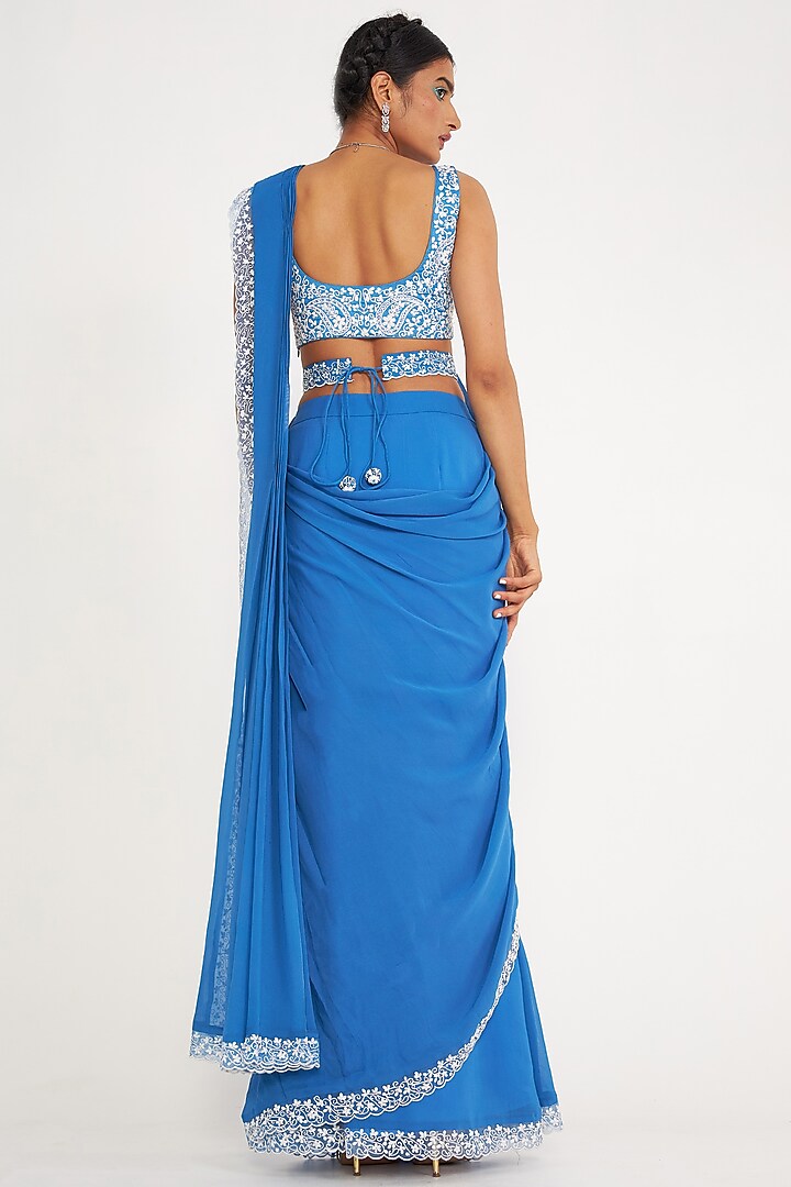 Blue Georgette Pre-Draped Wedding Saree Set by ASAGA at Pernia's Pop Up Shop