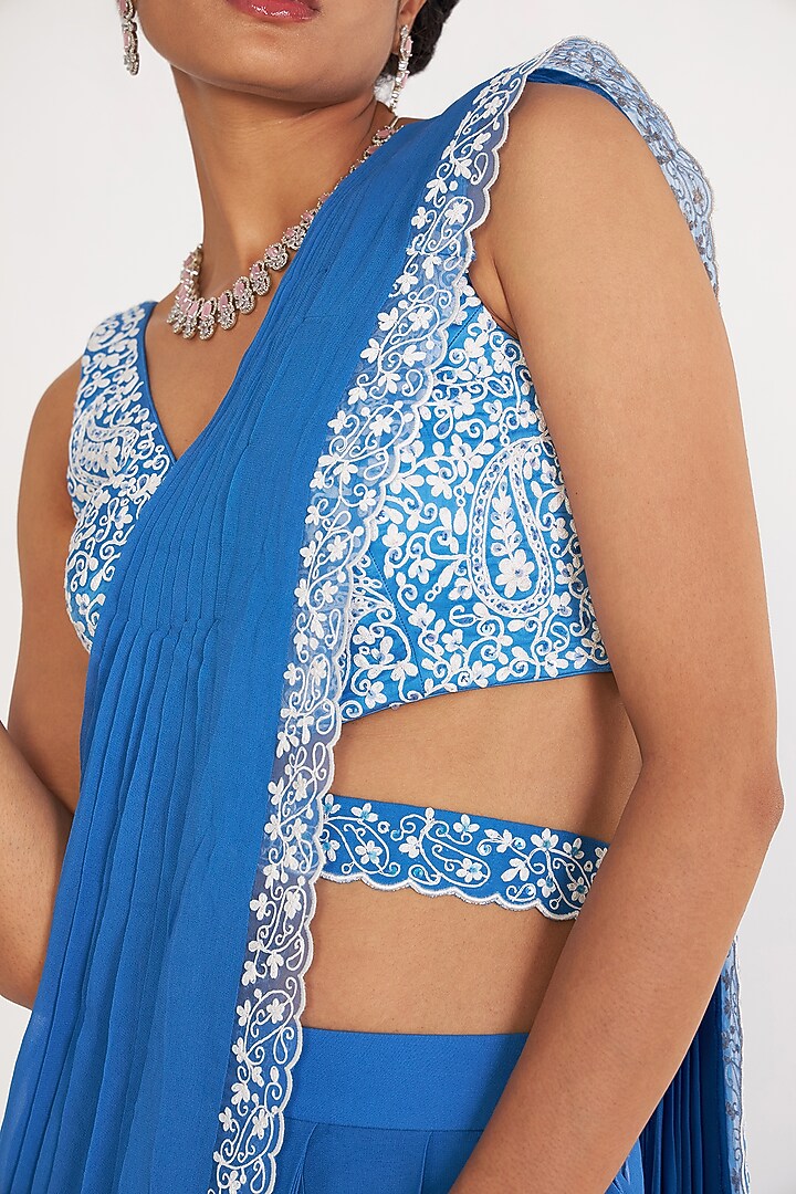 Blue Georgette Pre-Draped Wedding Saree Set by ASAGA at Pernia's Pop Up Shop