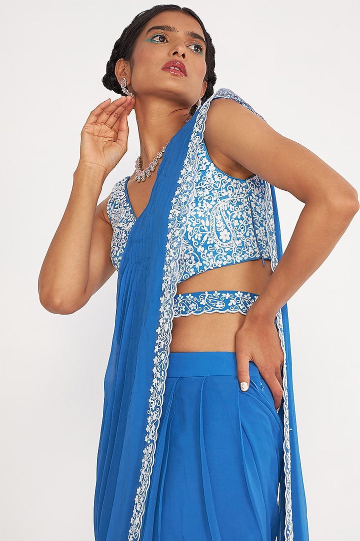 Blue Georgette Pre-Draped Wedding Saree Set by ASAGA at Pernia's Pop Up Shop