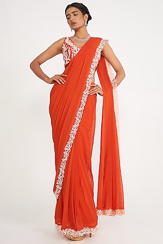 Orange Georgette Pre-Draped Saree Set by ASAGA
